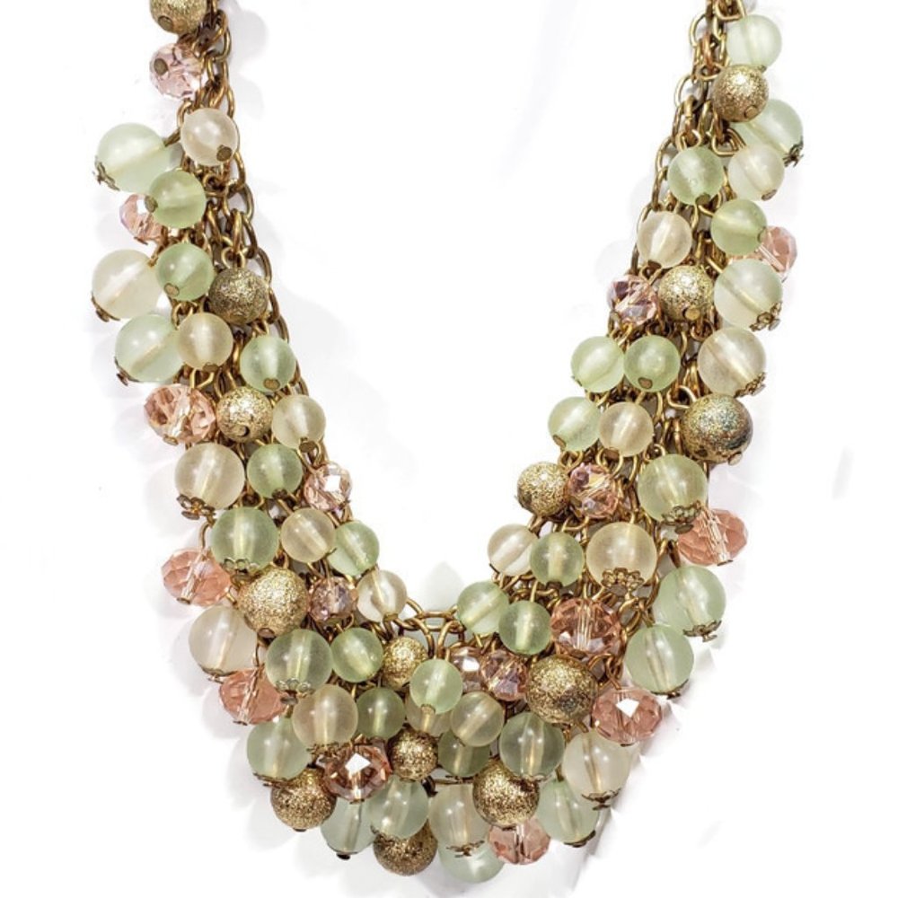 Pink Green Beaded Bib Necklace 18" to 21 1/2"